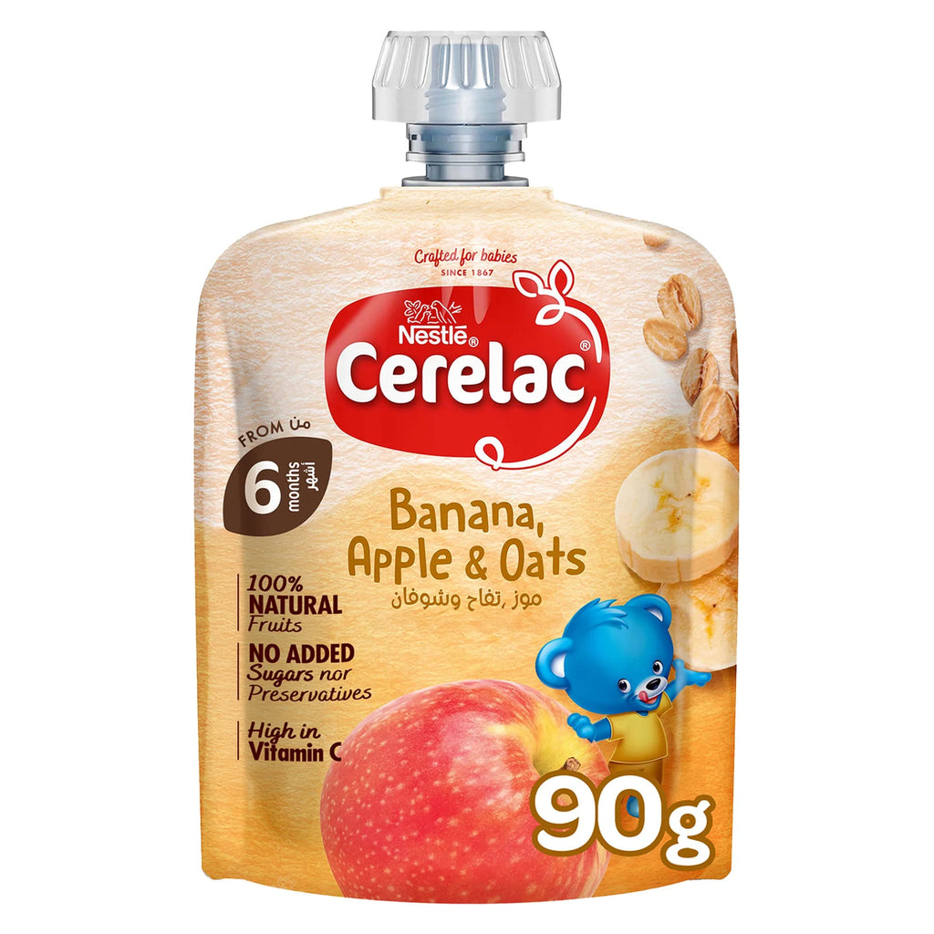 Cerelac Banana, Apple & Oats, 100% Natural Fruits, No Added Sugar, From 6 Months, Puree Pouch 90g