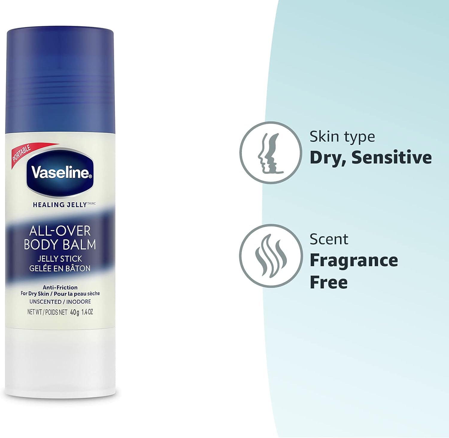 Vaseline Healing Jelly Body Balm Stick for Dry Skin Relief Unscented Targeted Healing for Hard-To-Reach Spots 40 G/1.4 Oz, 40 Grams