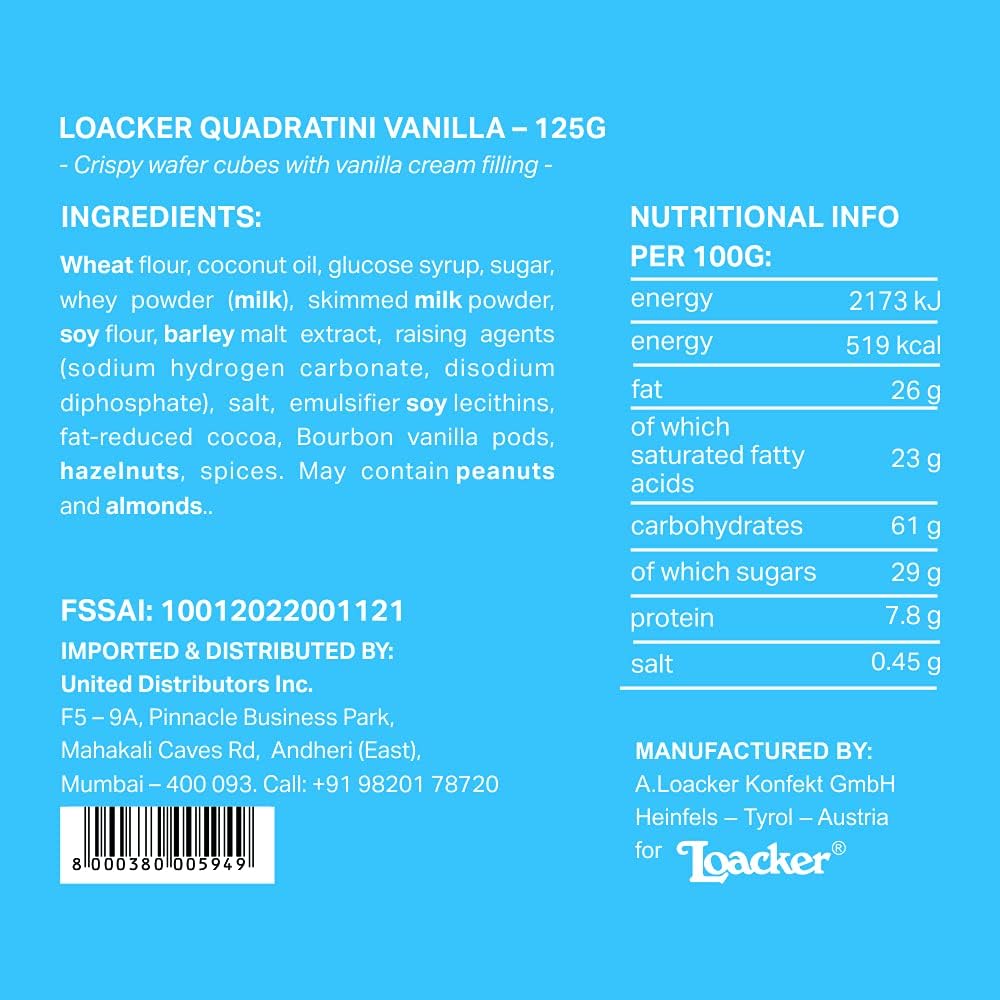 Loacker Quadratini Vanilla Wafer, 125 Gm