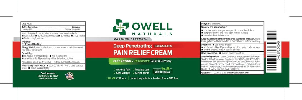 Amish Origins Deep Penetrating, Greaseless Pain Relief Cream, 99.22 g (3.5fl. oz)