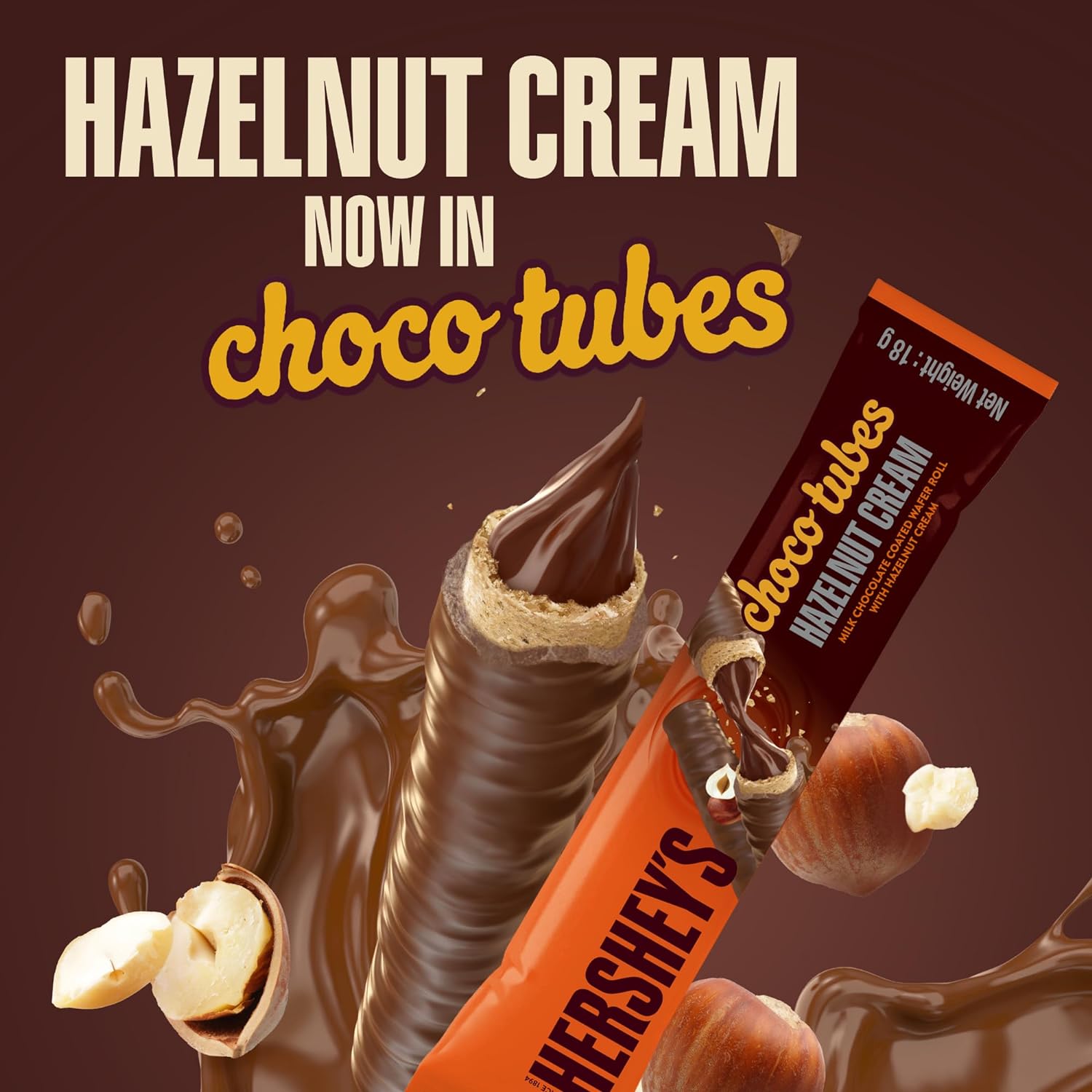 Hershey’s Chocotubes Wafer Roll, with Milk Chocolate and Hazelnut Cream, 18 g