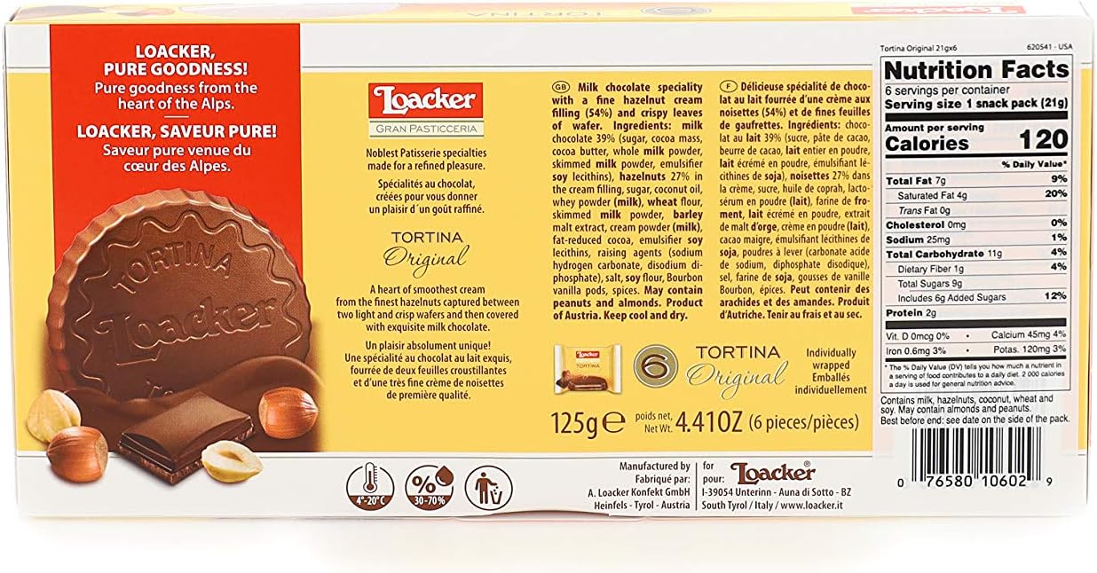 Loacker Tortina Premium Chocolate Coated Wafer, Original 125g/4.41 oz.