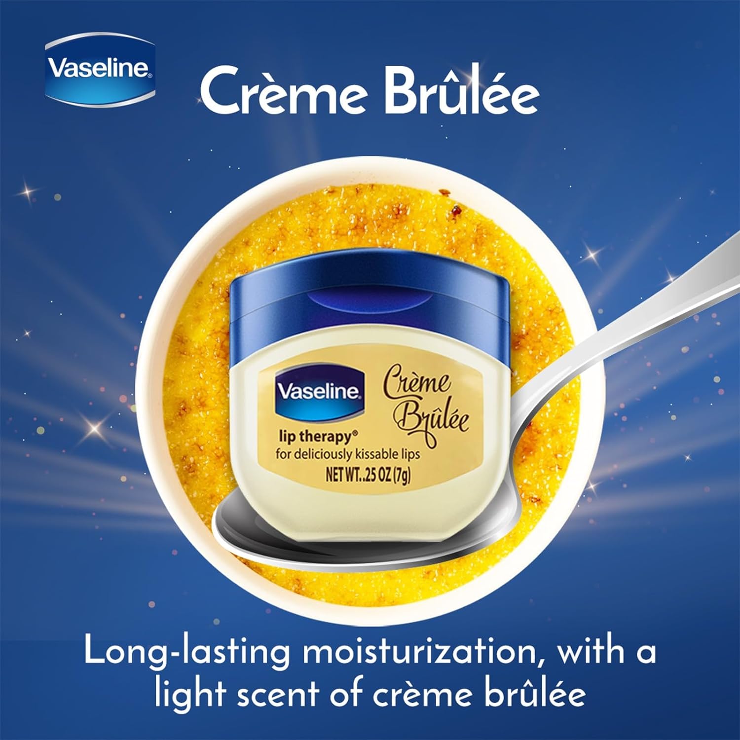 Vaseline Lip Care Crème Brulee Lip Balm Tub With Pure Jelly & Crème Brulee For Deliciously Kissable Lips| Nourishes & Protects Lips| Non-greasy Lip Moisturizer for Naturally Tinted Lips| 7 gm