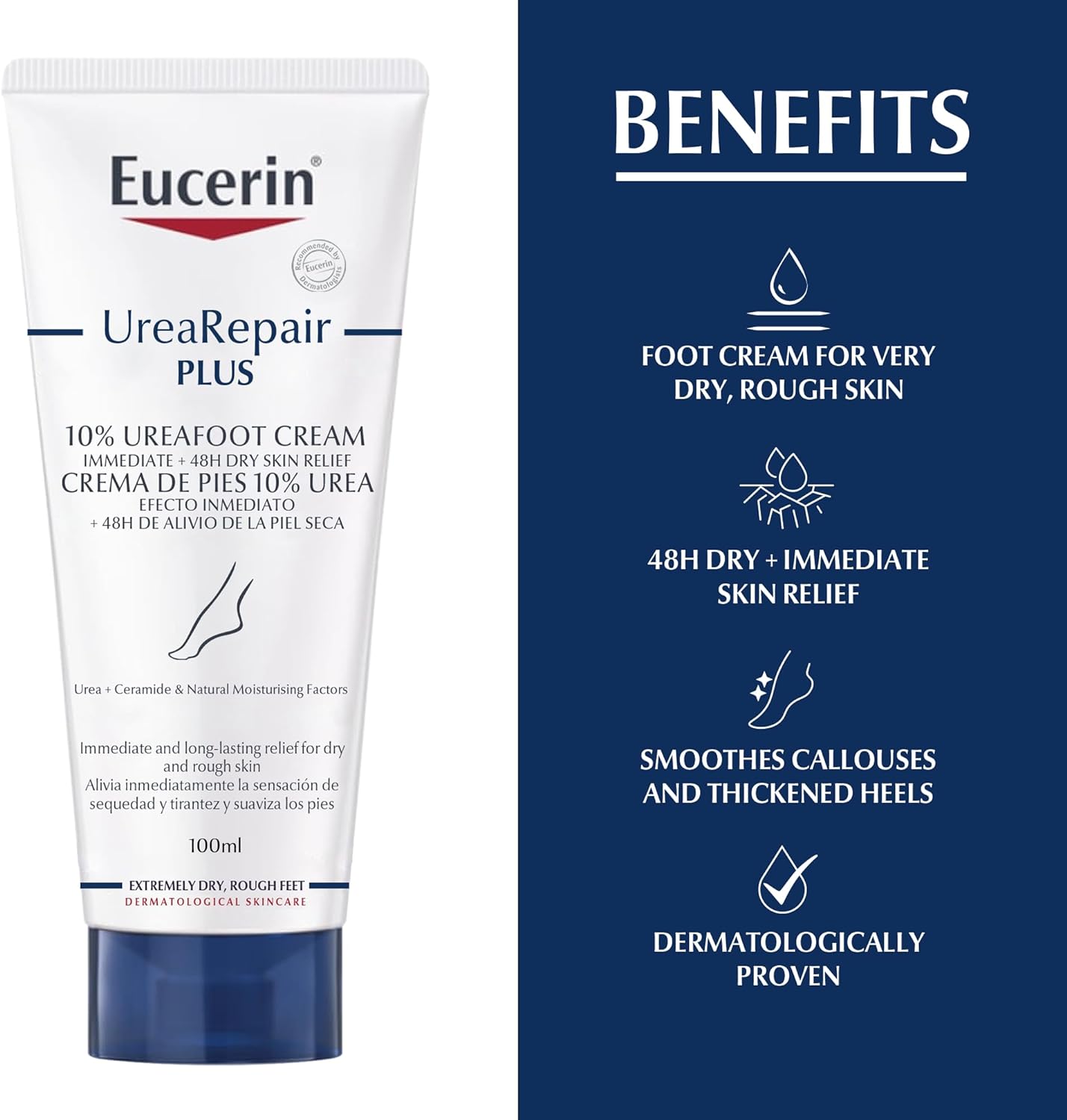 Eucerin UreaRepair Plus 10% Urea Foot Cream with Ceramide, Smoothes Callouses and Thickened Heels, Feet Care for Very Dry Skin, Suitable for Mature & Diabetic Skin, 100ml