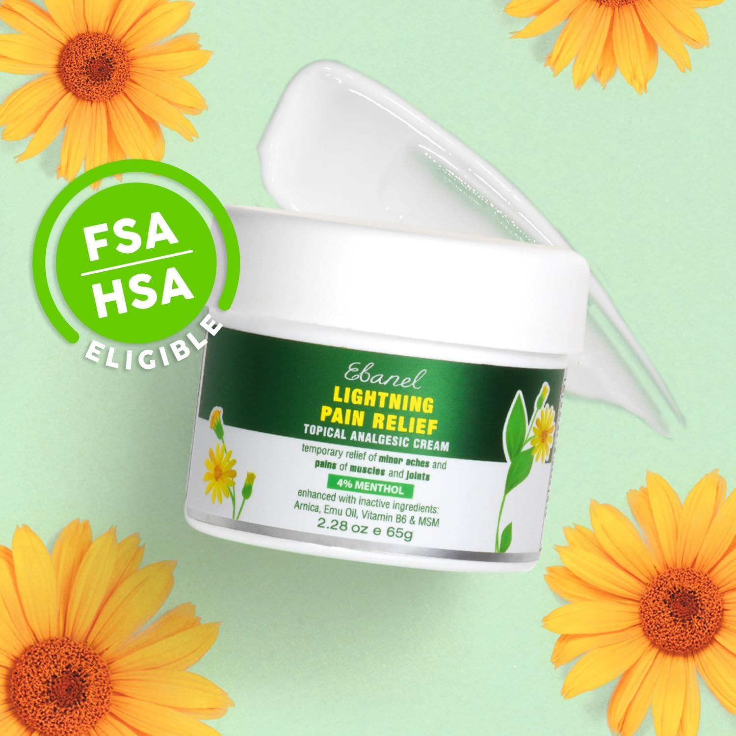 Ebanel Pain Relief Cream, 2.28 Oz Arnica Menthol Arthritis Pain Relief Muscle Rub with MSM, Emu Oil, Hemp Oil, Anti Inflammatory Cream with Camphor, Boswellia for Back Pain, Neck Shoulder Joint Pain