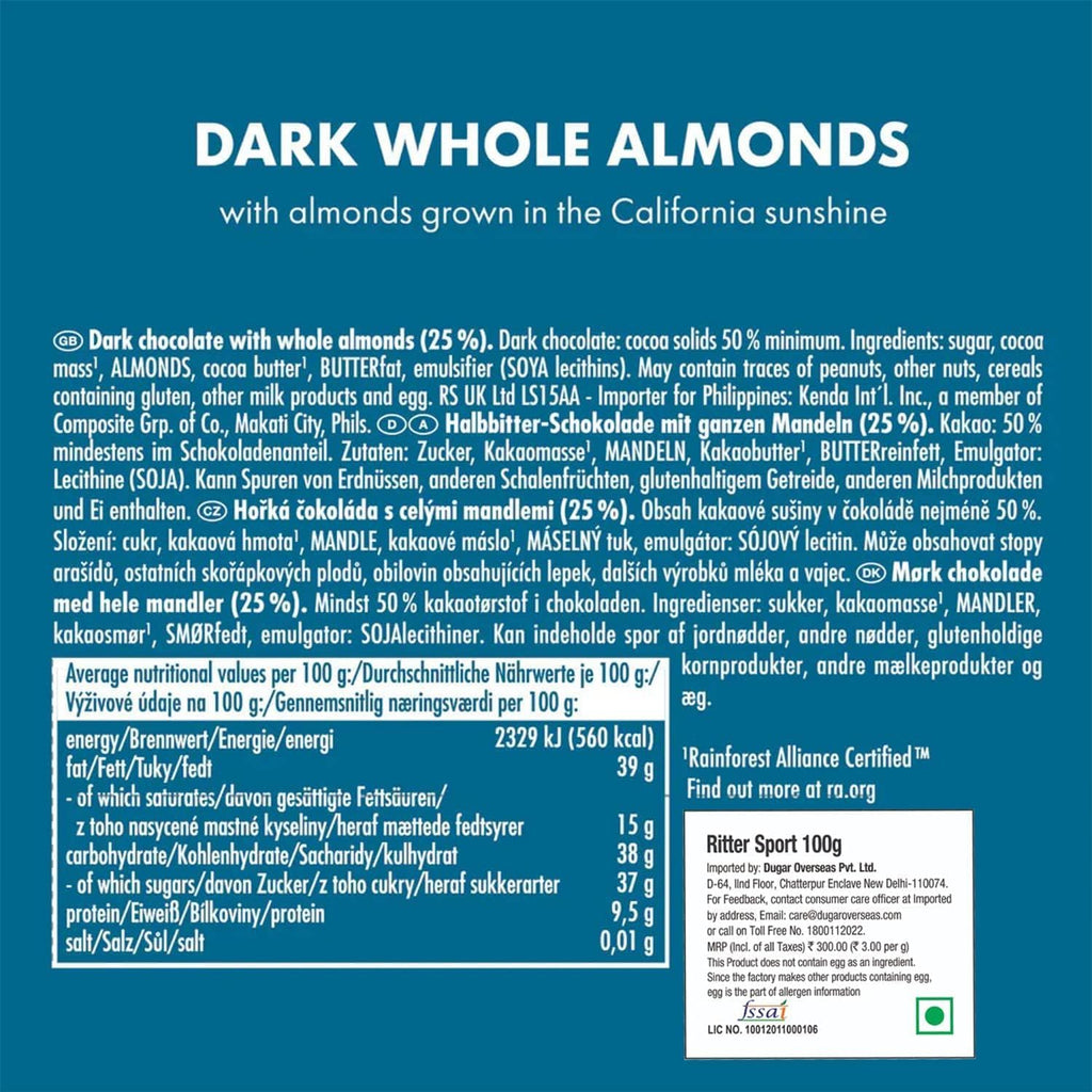 Ritter Sport Dark Whole Almond Chocolate, 100 gm