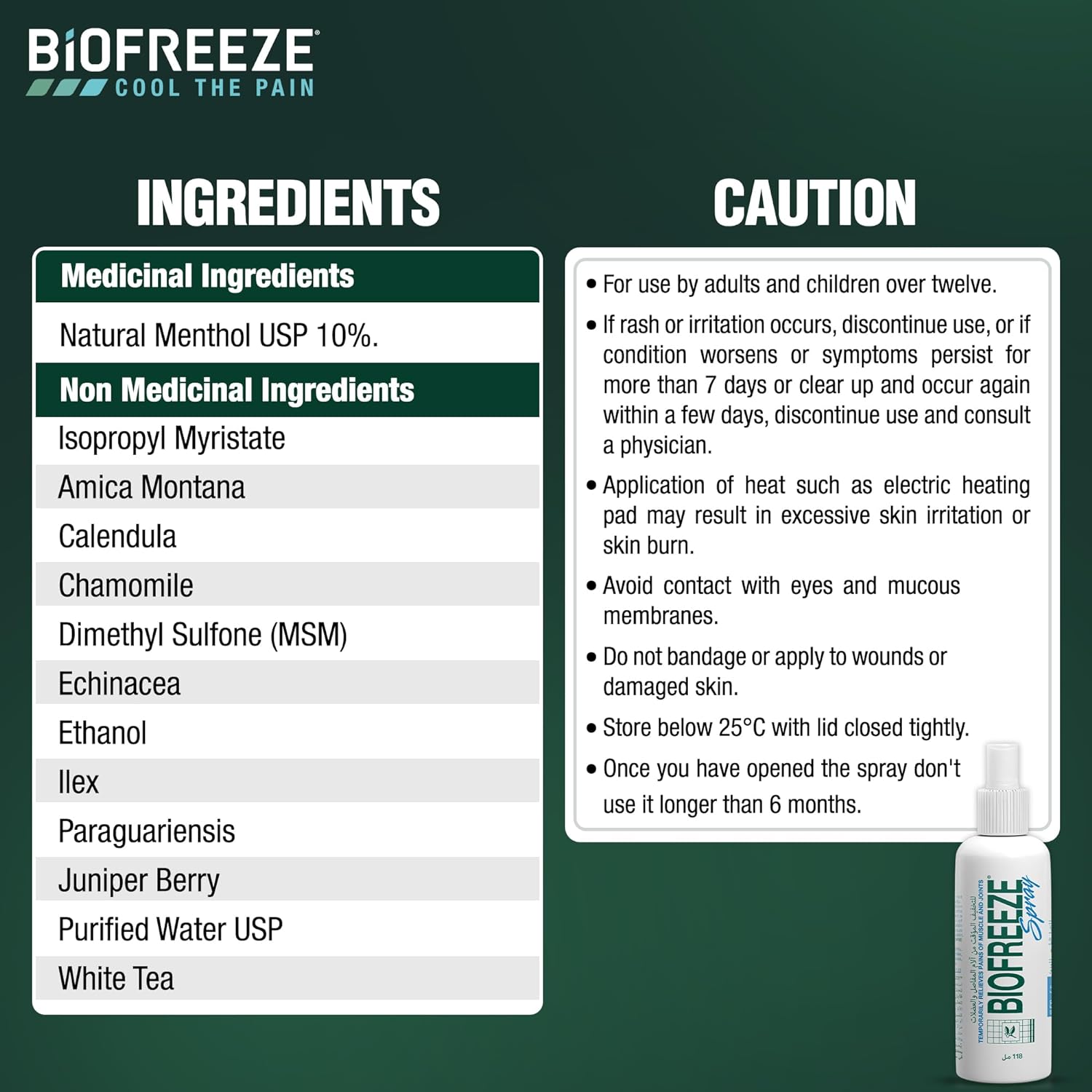 Biofreeze® Pain Relief Spray, Temporary Relief from Muscle & Joint Pain, Soothing Natural Menthol with ILEX, 118ml