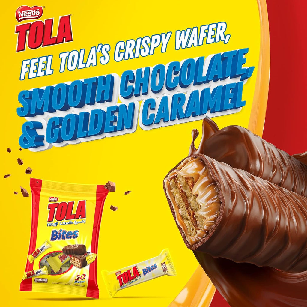 Tola Bites Pouch, Crispy Wafer Covered With Caramel And Milk Chocolate Bar 8g (20 Bars)