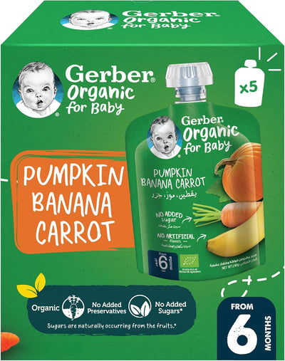 Gerber Organic Puree Pouch in Pumpkin, Banana & Carrot Value Pack (90g x 5)
