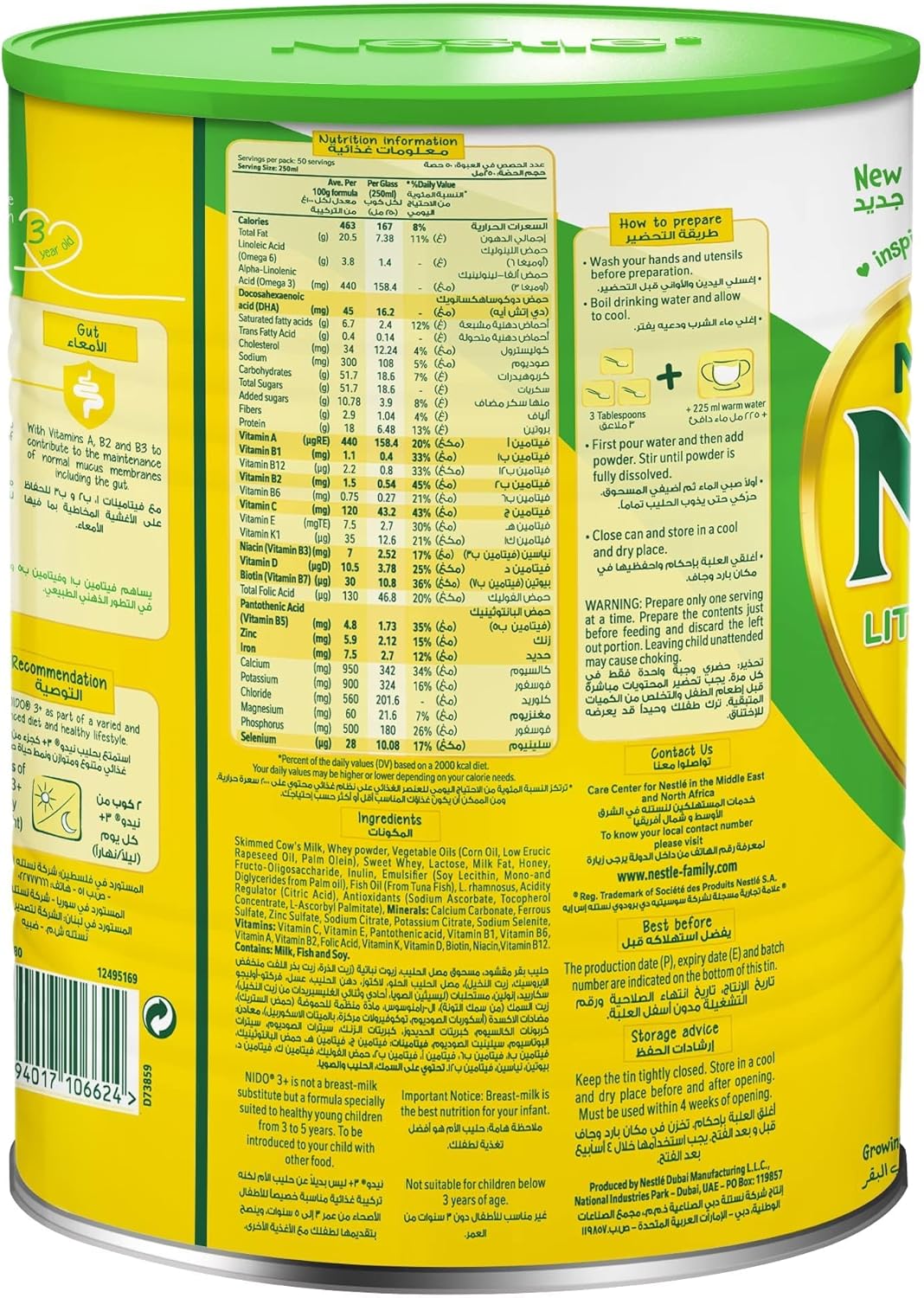 NESTLE NIDO Three Plus growing up formula for toddlers 3-5 years 1800g tin