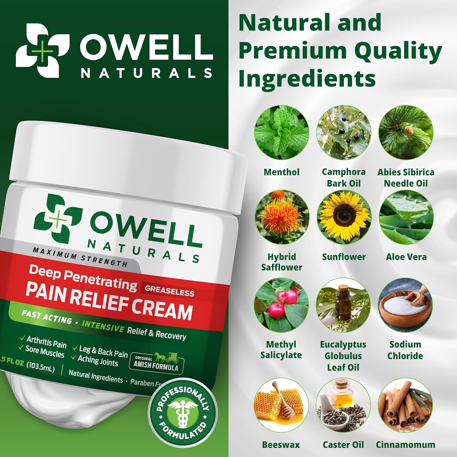 Amish Origins Deep Penetrating, Greaseless Pain Relief Cream, 99.22 g (3.5fl. oz)