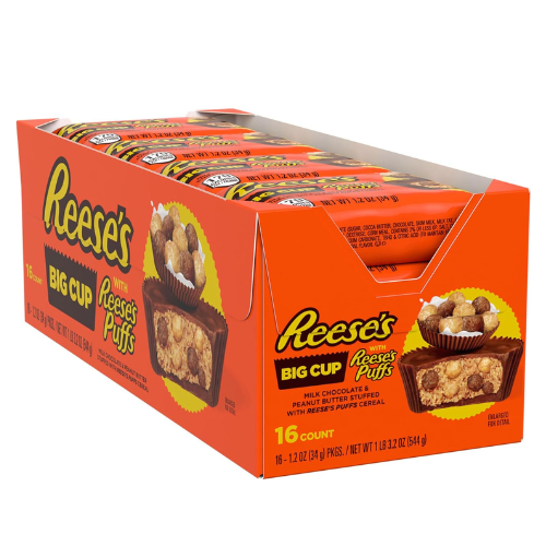 REESE'S STUFFED WITH REESE'S PUFFS CEREAL Big Cup Milk Chocolate Peanut Butter Cups Candy, Gluten Free, 1.2 oz Packs (16 Count)