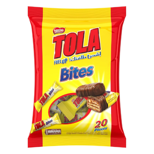Tola Bites Pouch, Crispy Wafer Covered With Caramel And Milk Chocolate Bar 8g (20 Bars)