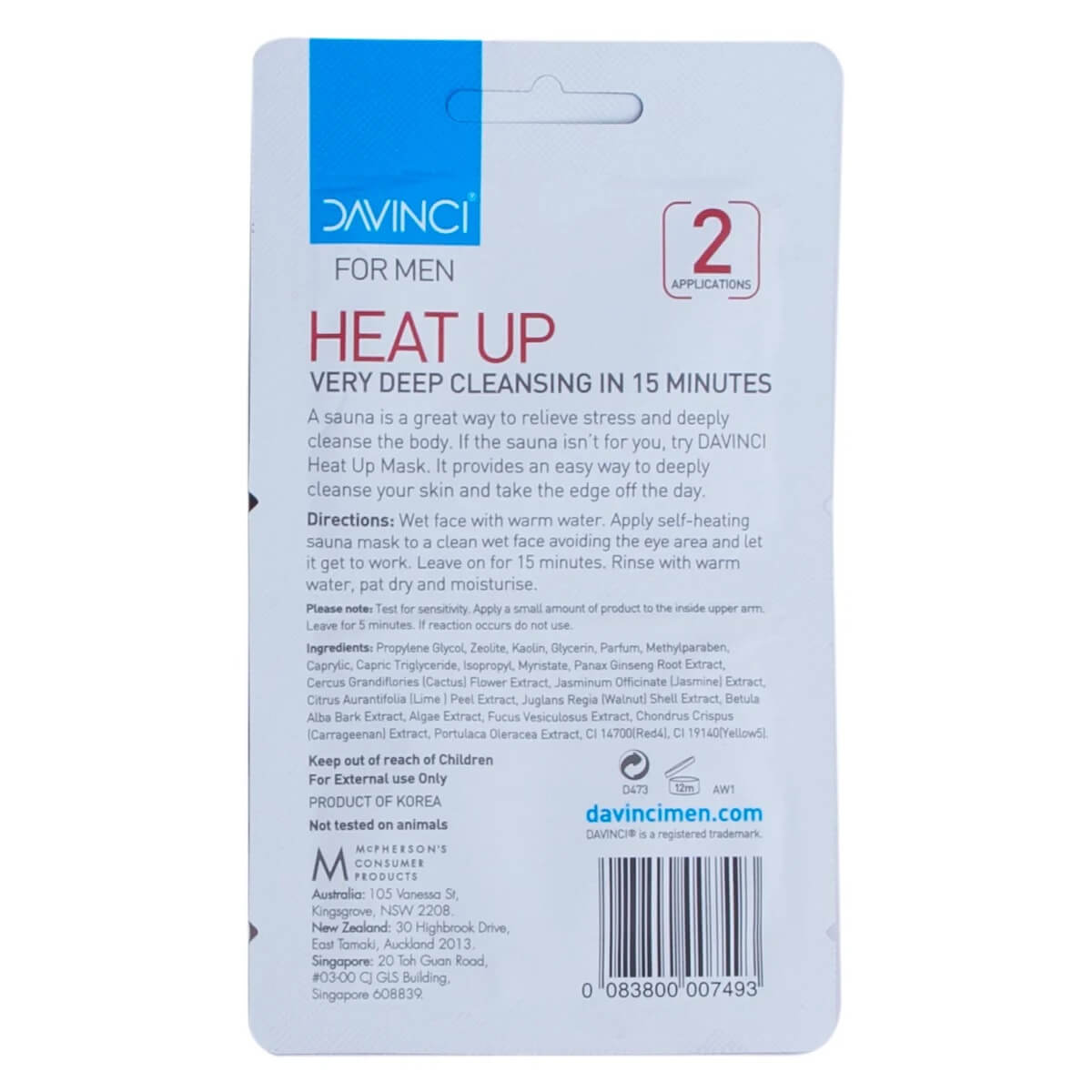 Davinci Heat Up Cleansing Mask For Men 2 x 10ml