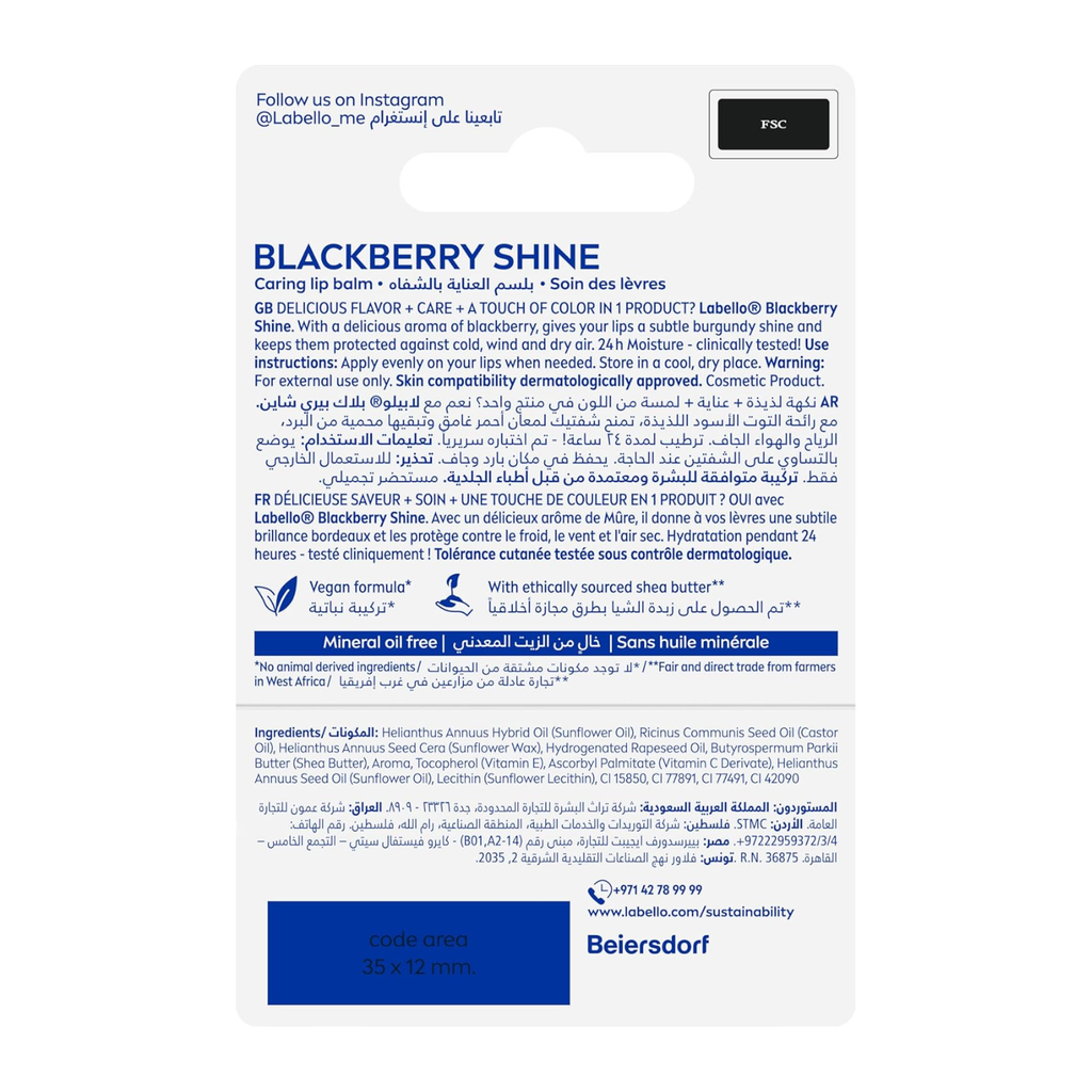 Labello Blackberry Shine Lip Balm, 24H Melt-In Moisture, with Shea Butter and Natural Oils Enriched with Vitamins, with Natural Ingredients, Mineral Oil Free, Vegan, 4.8g