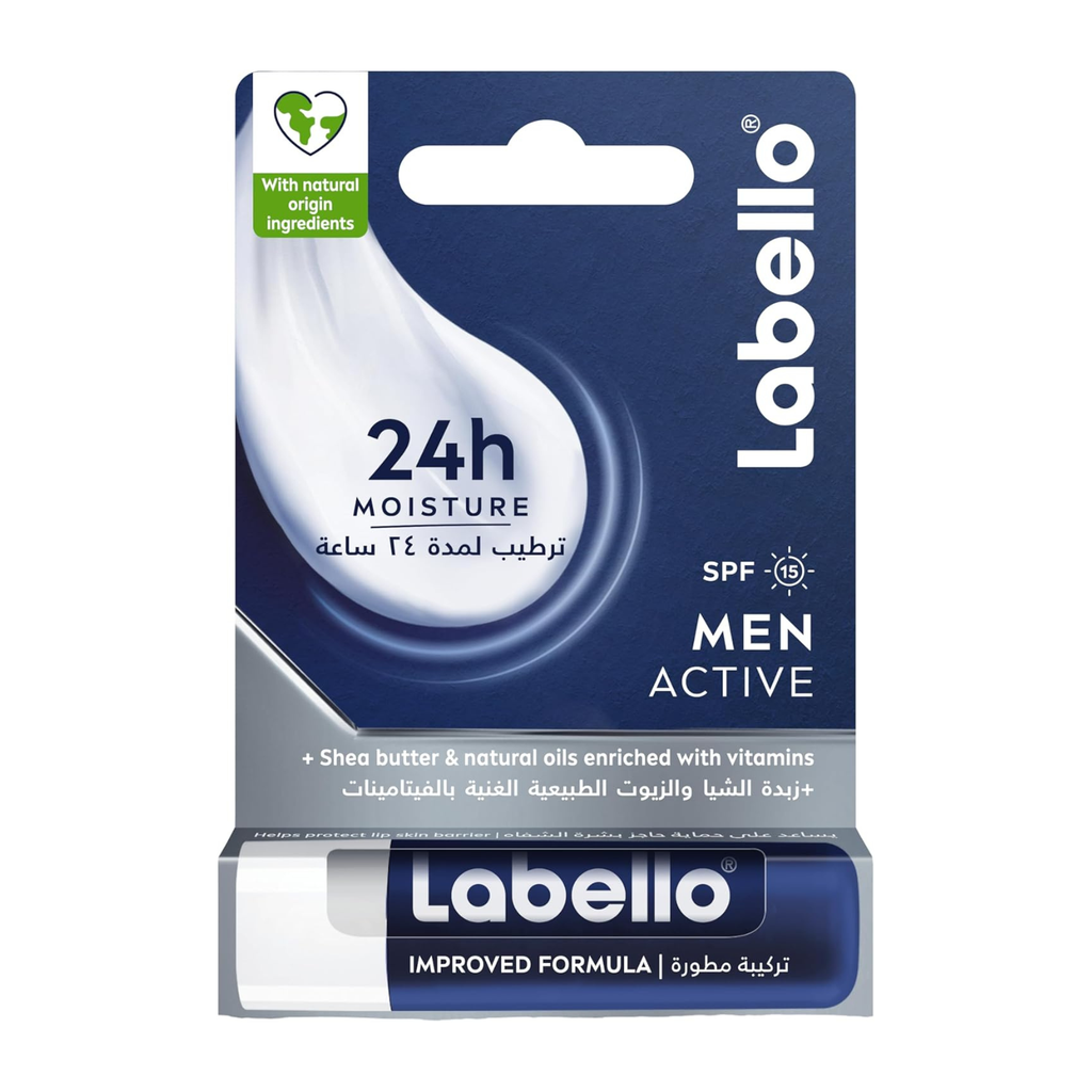 Labello Men Active Lip Balm, SPF 15, 24H Melt-In Moisture, with naturally derived ingredients, Mineral Oil Free, Fragrance Free, 4.8g