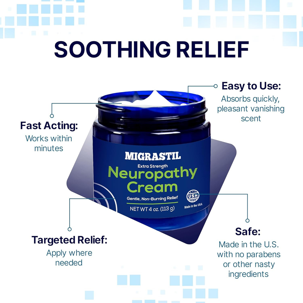 Migrastil Extra Strength Neuropathy Nerve Cream (4 oz.) - Gentle, Non-Burning Support for Feet, Hands, Legs, etc. Long-Lasting Non-Greasy Plant-Based Formula - No Strong Odor. Made in the USA