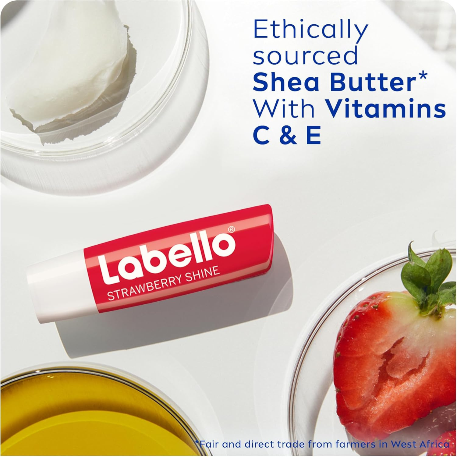 Labello Strawberry Shine Lip Balm, 24H Melt-In Moisture, with Shea Butter and Natural Oils Enriched with Vitamins, with Natural Ingredients, Mineral Oil Free, Vegan, 4.8g, Pack of 2