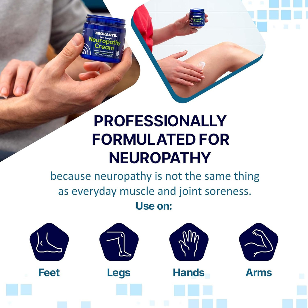 Migrastil Extra Strength Neuropathy Nerve Cream (4 oz.) - Gentle, Non-Burning Support for Feet, Hands, Legs, etc. Long-Lasting Non-Greasy Plant-Based Formula - No Strong Odor. Made in the USA