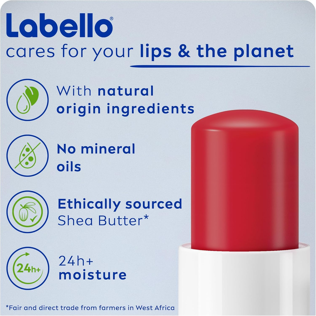 Labello Strawberry Shine Lip Balm, 24H Melt-In Moisture, with Shea Butter and Natural Oils Enriched with Vitamins, with Natural Ingredients, Mineral Oil Free, Vegan, 4.8g, Pack of 2