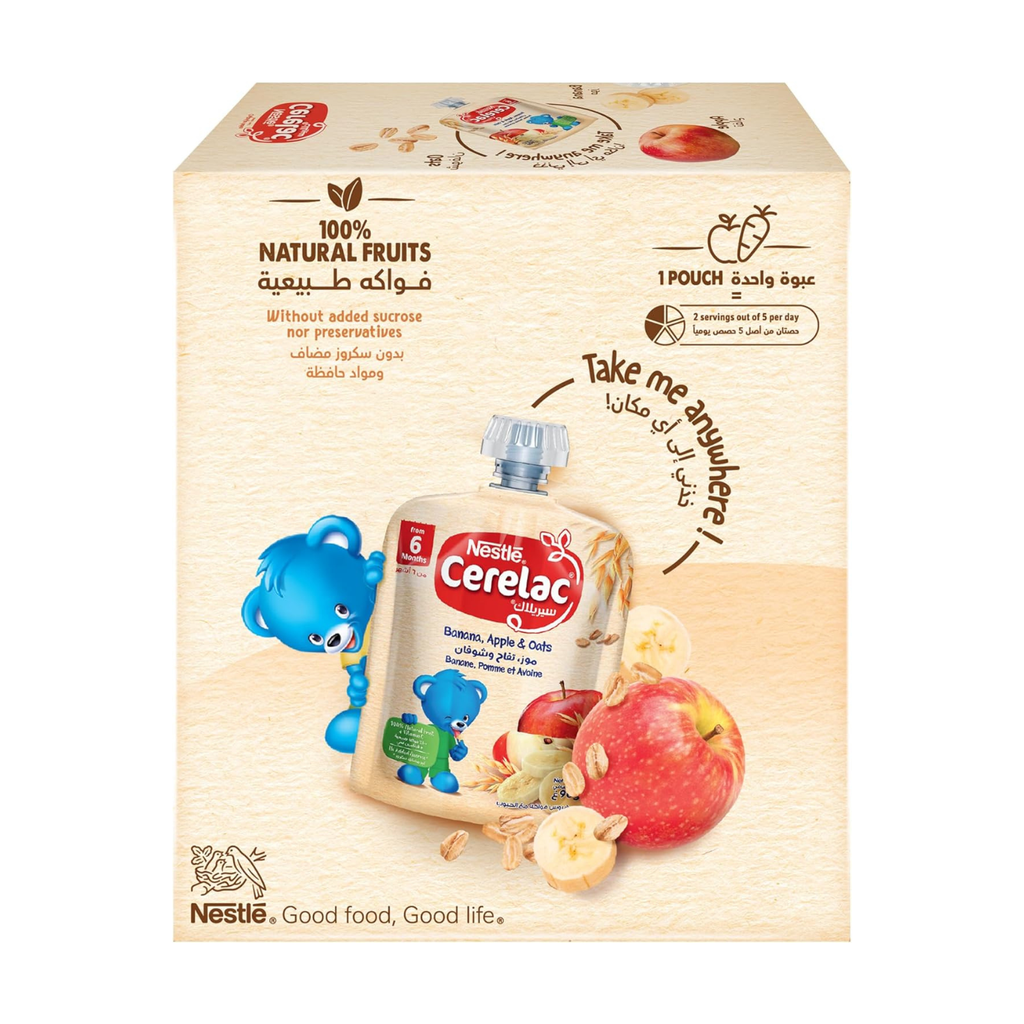 Nestle Cerelac Fruits Puree Pouch Banana Apple Oat 90g, Pack of 4, large