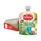 Cerelac Broccoli, Parsnip, Apple & Pear, 100% Natural Fruits, No Added Sugar, From 6 Months, Puree Pouch 90g (16 Pouches)