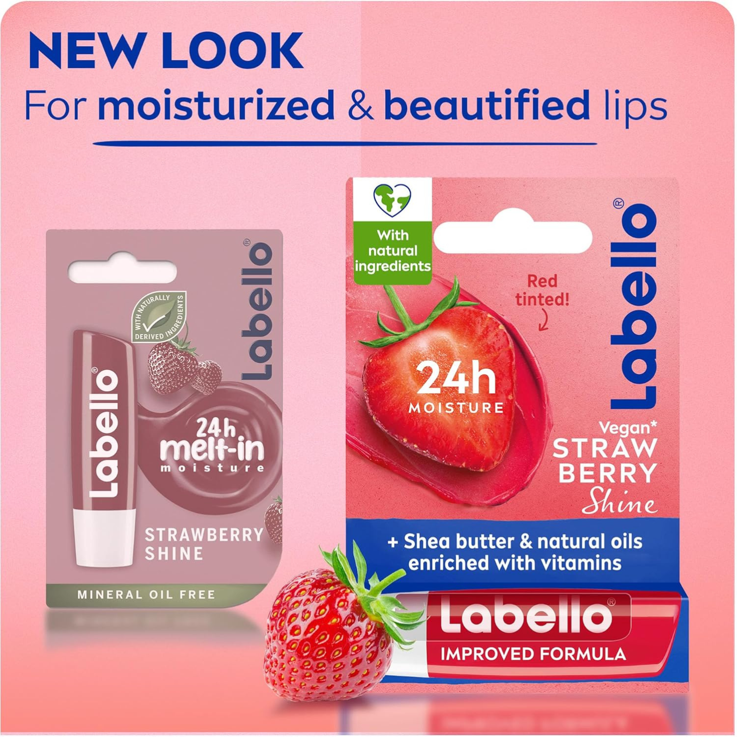 Labello Strawberry Shine Lip Balm, 24H Melt-In Moisture, with Shea Butter and Natural Oils Enriched with Vitamins, with Natural Ingredients, Mineral Oil Free, Vegan, 4.8g, Pack of 2