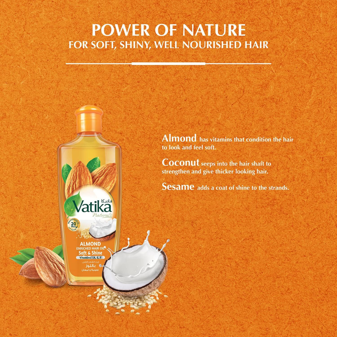 Vatika Naturals Almond Hair Oil 200ml | Coconut, Sesame & Vitamins A, E, F | Softens & Shines | For Dry & Frizzy Hair | No Parabens, Sulphates or Silicones