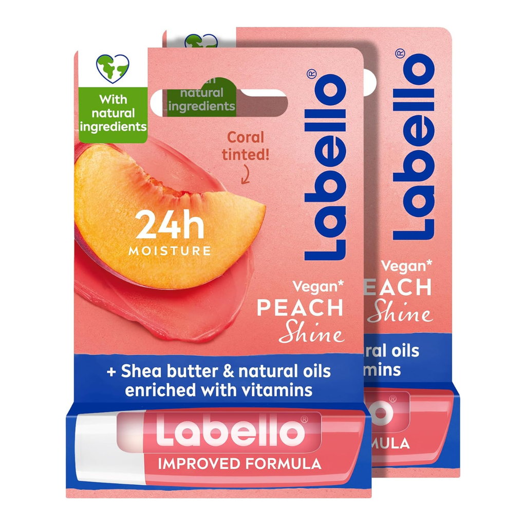 Labello Peach Shine Lip Balm, 24H Melt-In Moisture, with Shea Butter and Natural Oils Enriched with Vitamins, with Natural Ingredients, Mineral Oil Free, Vegan, 4.8g, Pack of 2