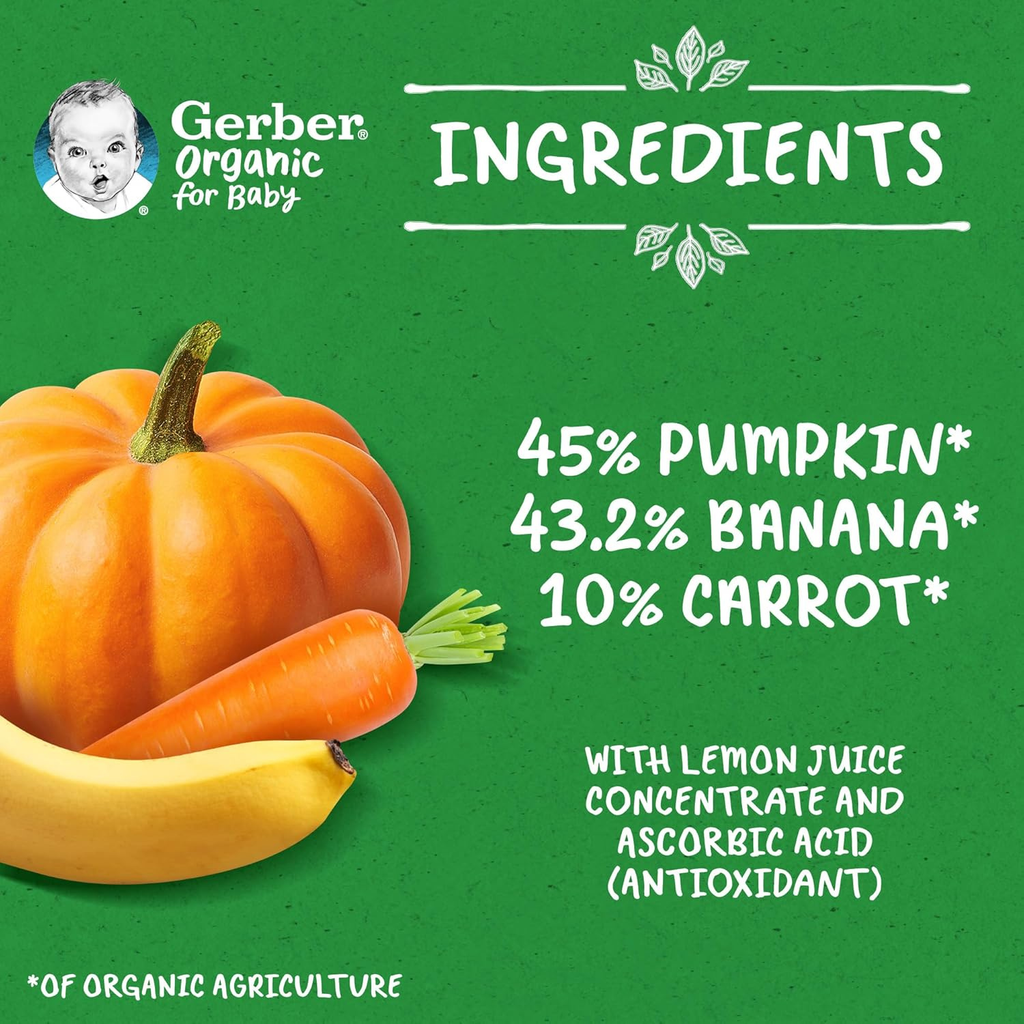 Nestle Gerber Organic Puree Pumpkin, Banana & Carrot Baby Food, 90g (Pack of 4)