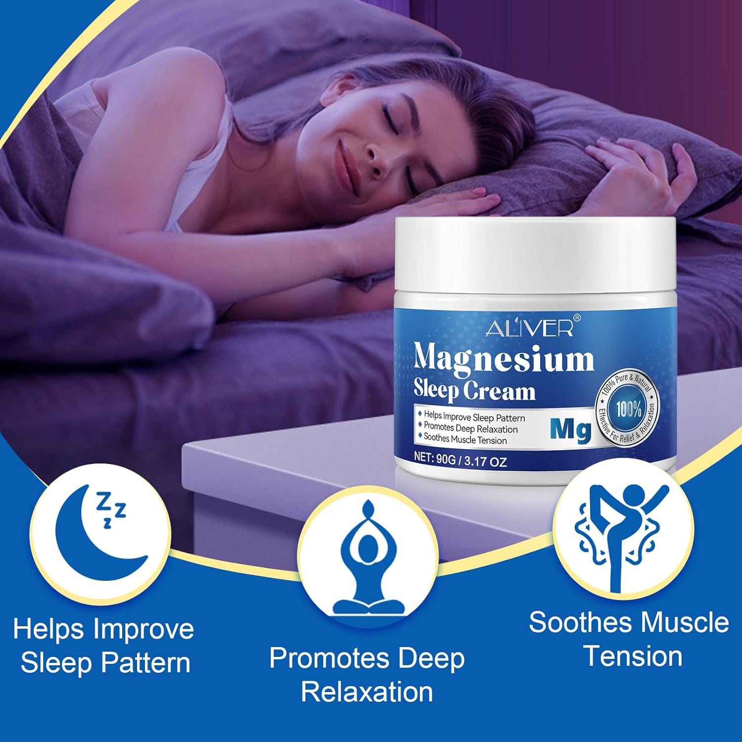 ALIVER Pure Magnesium Cream 90g, Magnesium Oil Cream for Sleep and Feet, Restless Legs,Body Relaxation,Magnesium Topical Lotion Butter Soothes Muscle Tension
