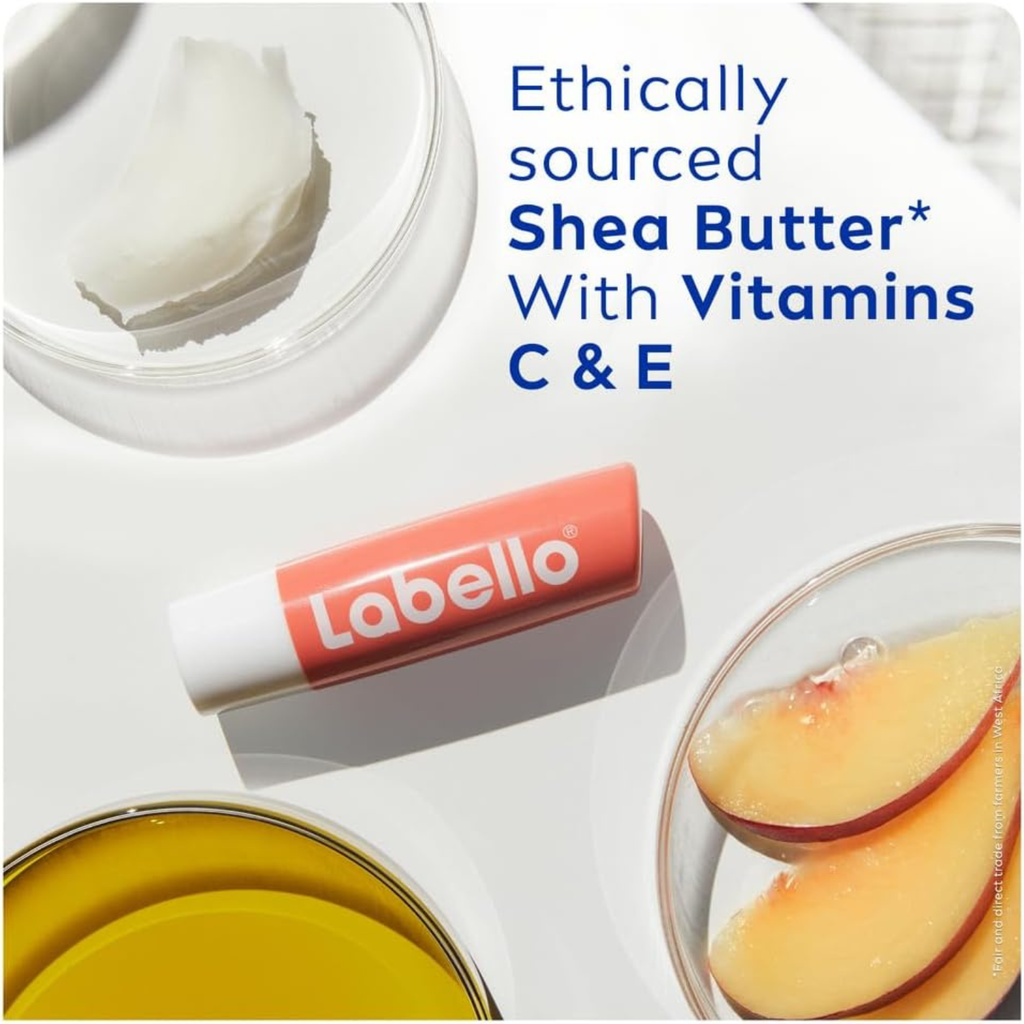 Labello Peach Shine Lip Balm, 24H Melt-In Moisture, with Shea Butter and Natural Oils Enriched with Vitamins, with Natural Ingredients, Mineral Oil Free, Vegan, 4.8g, Pack of 2