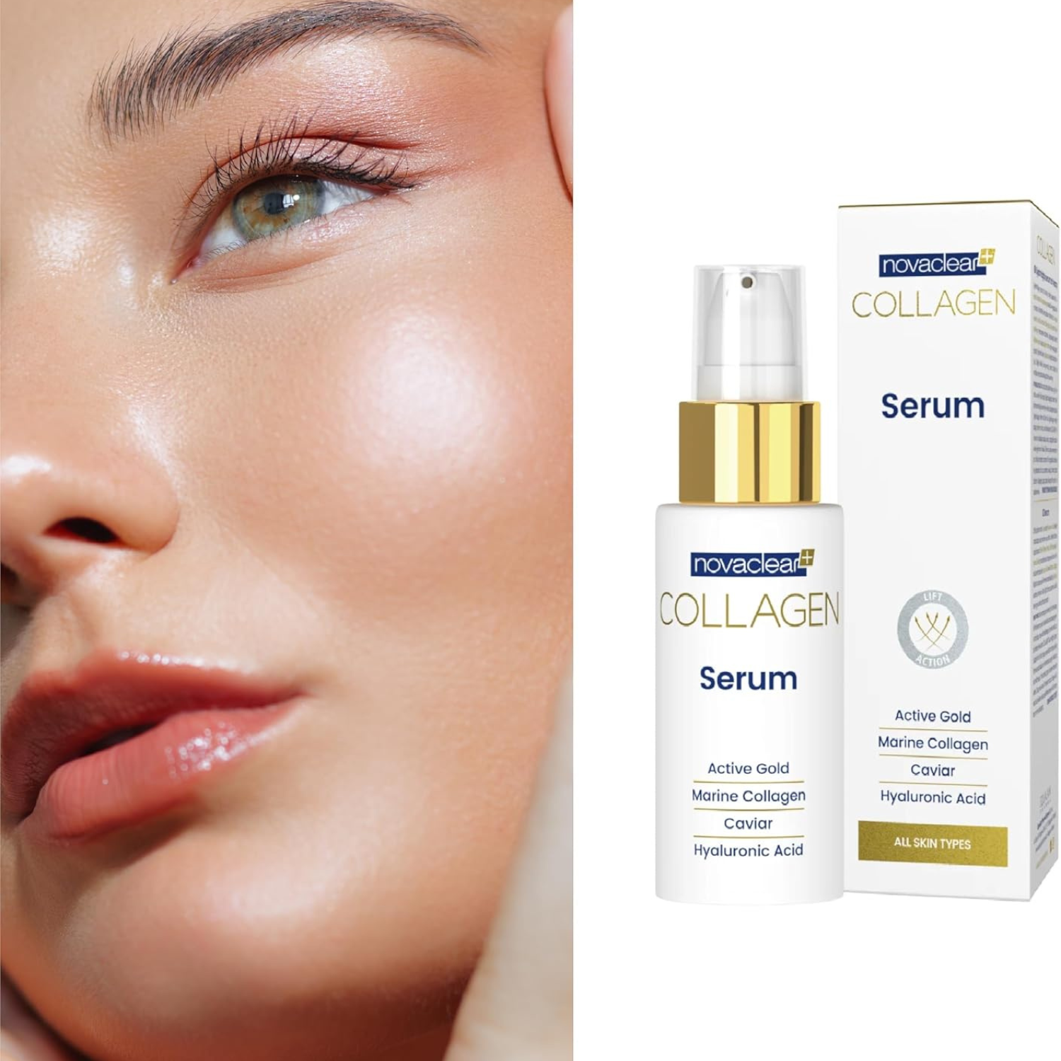 Novaclear Collagen Serum – Anti-Wrinkle Face Serum with Marine Collagen, Gold, Hyaluronic Acid, Retinol & Vitamin C – Improves Skin Firmness, Elasticity & Radiance – For All Skin Types – 30 ML