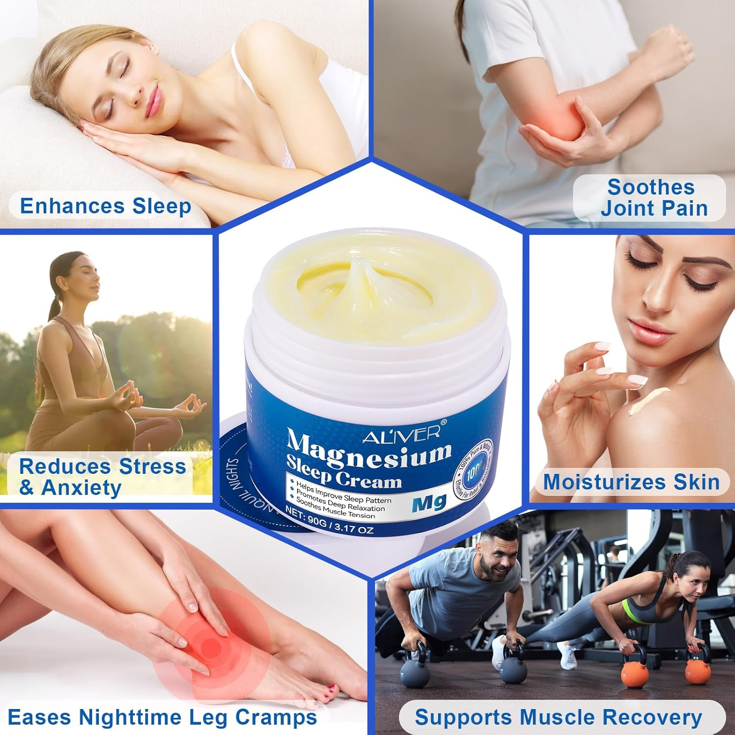 ALIVER Pure Magnesium Cream 90g, Magnesium Oil Cream for Sleep and Feet, Restless Legs,Body Relaxation,Magnesium Topical Lotion Butter Soothes Muscle Tension