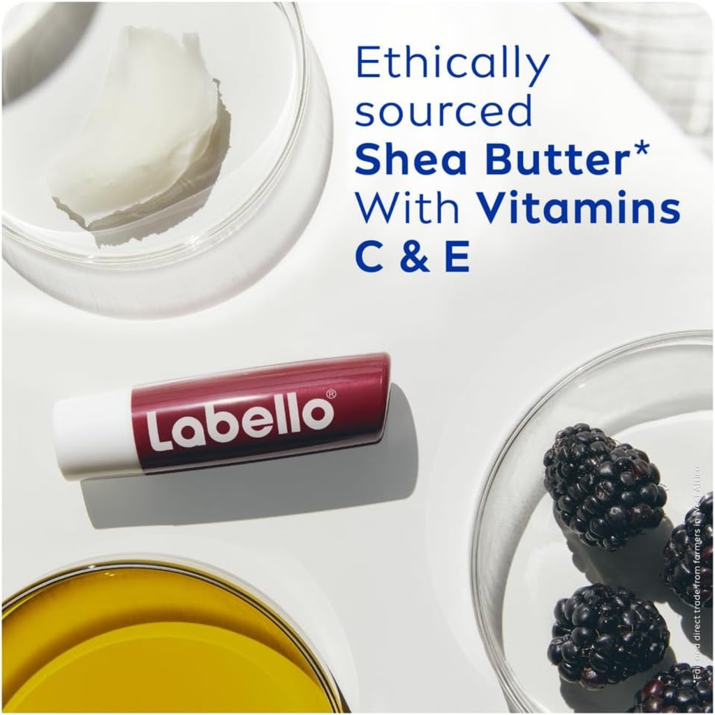 Labello Blackberry Shine Lip Balm, 24H Melt-In Moisture, with Shea Butter and Natural Oils Enriched with Vitamins, with Natural Ingredients, Mineral Oil Free, Vegan, 4.8g