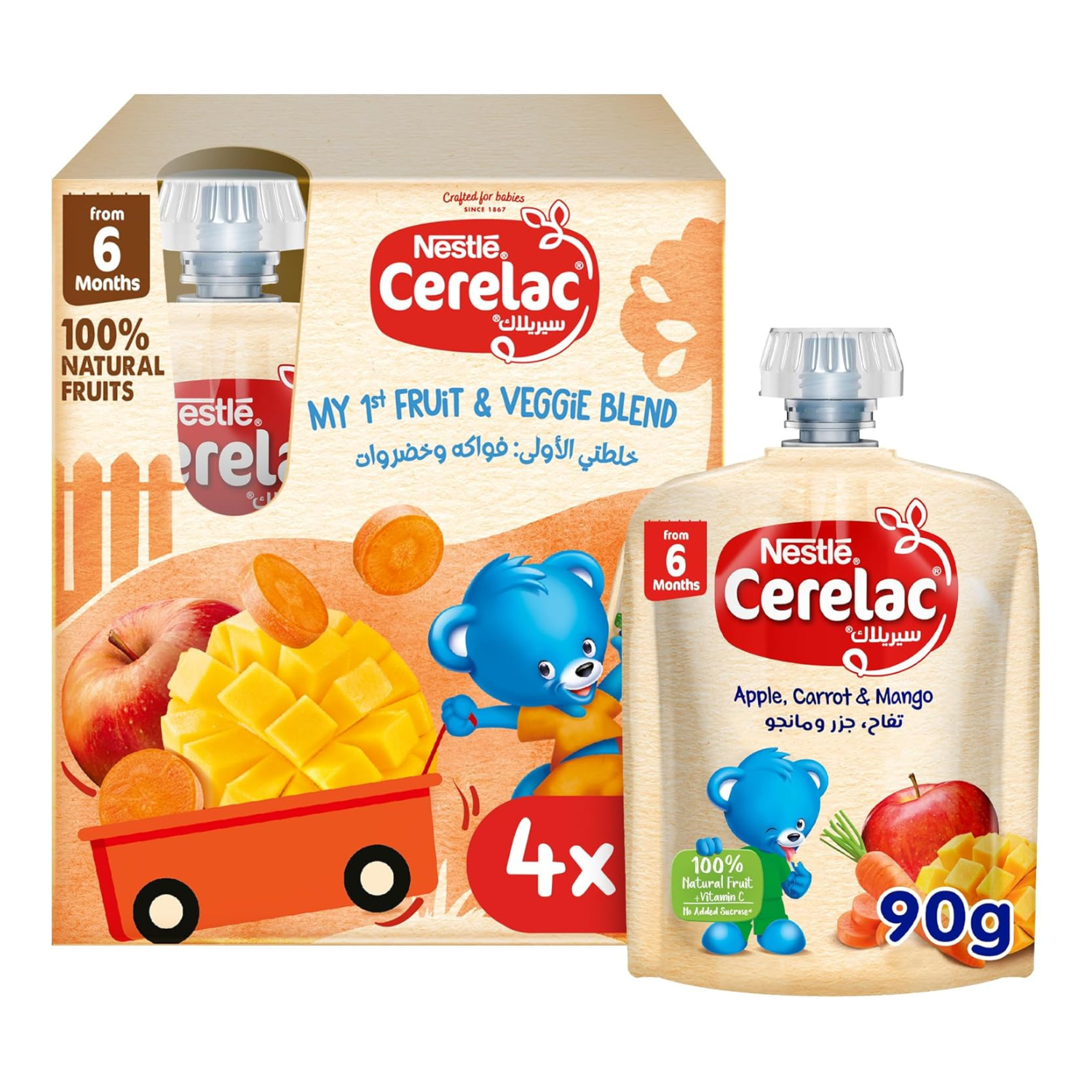 CERELAC Nestle Fruits & Vegetables Puree Pouch Apple Carrot Mango 90g, Pack of 4