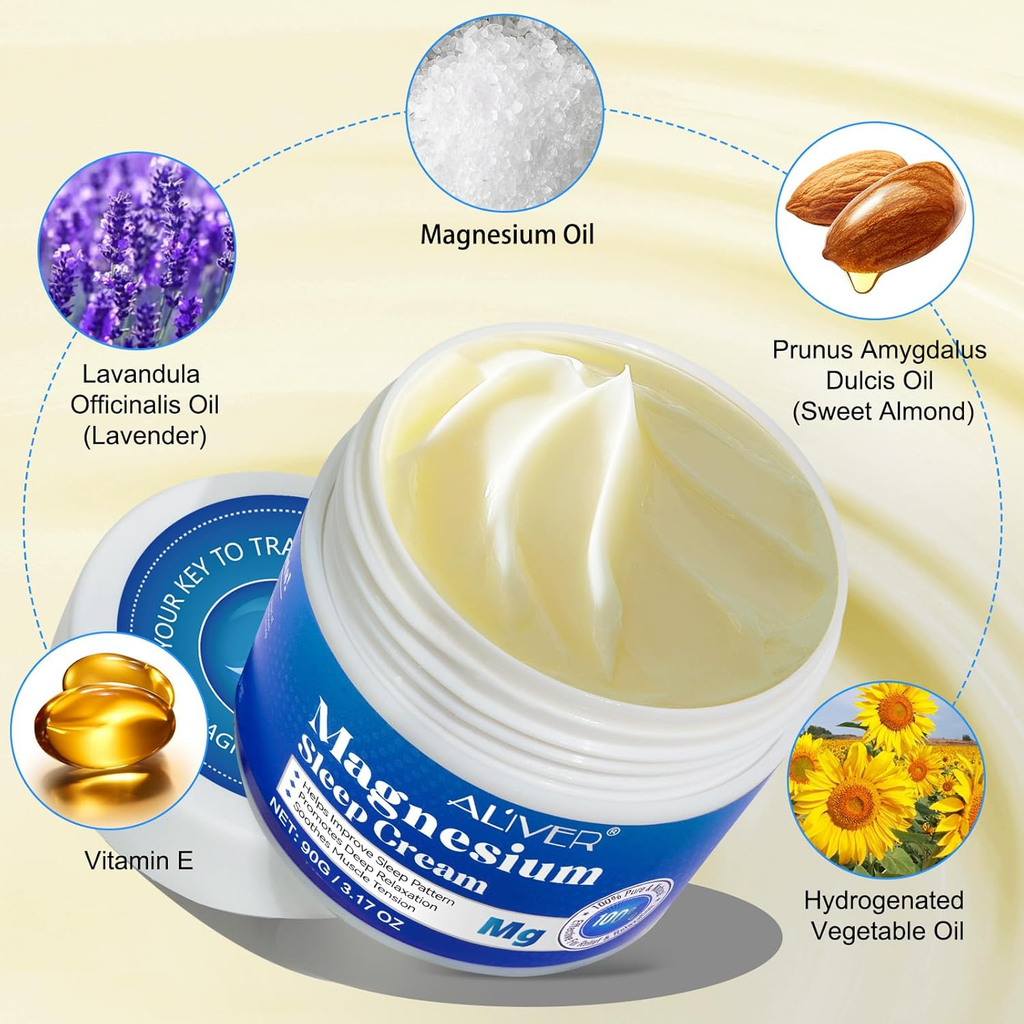 ALIVER Pure Magnesium Cream 90g, Magnesium Oil Cream for Sleep and Feet, Restless Legs,Body Relaxation,Magnesium Topical Lotion Butter Soothes Muscle Tension