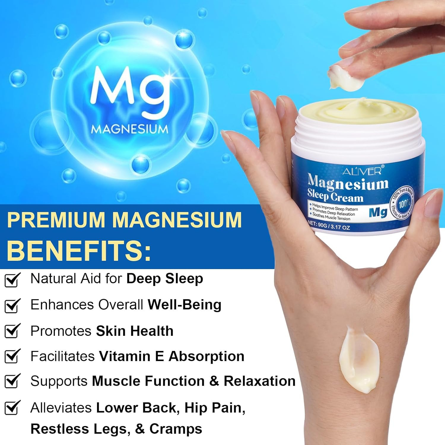 ALIVER Pure Magnesium Cream 90g, Magnesium Oil Cream for Sleep and Feet, Restless Legs,Body Relaxation,Magnesium Topical Lotion Butter Soothes Muscle Tension