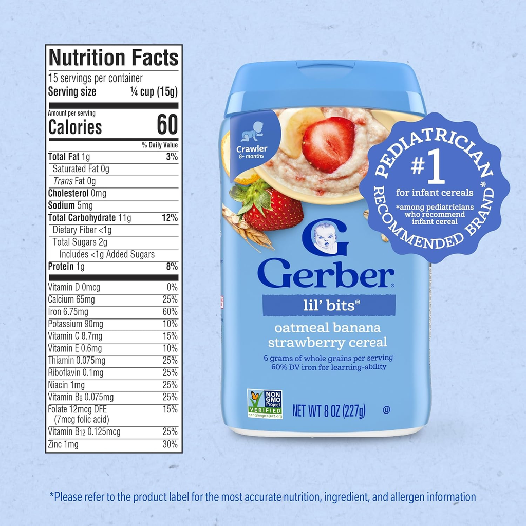 Gerber Lil' Bits Baby Cereal, Oatmeal Banana Strawberry, 8 Ounce, large