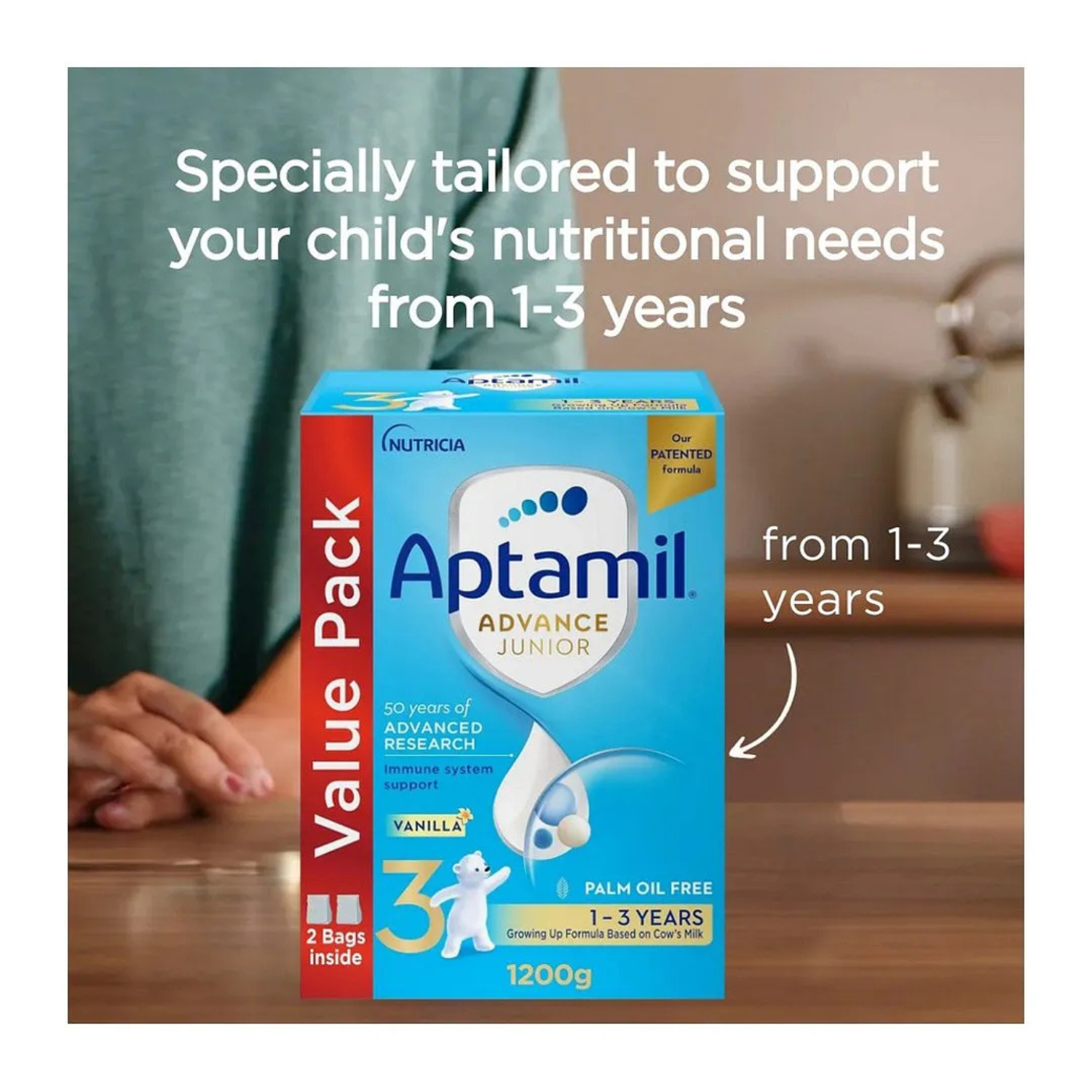 Aptamil Advance Junior 3 Growing Up Formula Milk From 12 Months to 3 Years, Big Value Pack - 1200g