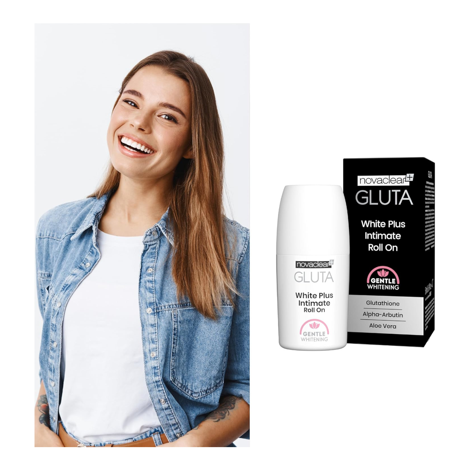 Novaclear Gluta White Plus Intimate Roll-On – Brightening Deodorant for Sensitive Areas with Glutathione, Alpha Arbutin & Aloe Vera – Gently Evens Skin Tone & Reduces Dark Spots – 50 ML