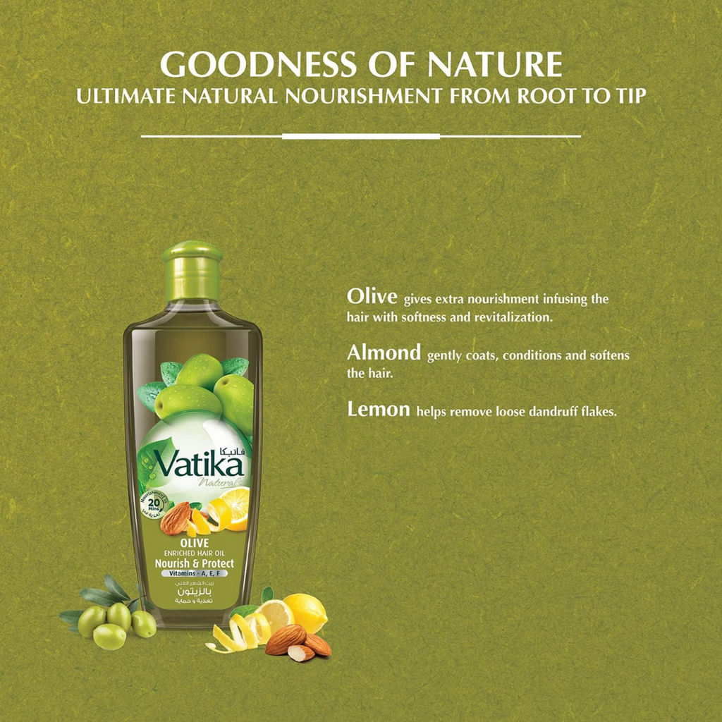Vatika Naturals Olive Enriched Hair Oil - With Goodness Of Olive , Almond & Lemon - Vitamin A,E,F For Nourishing & Protection Of Hair - 300 ml