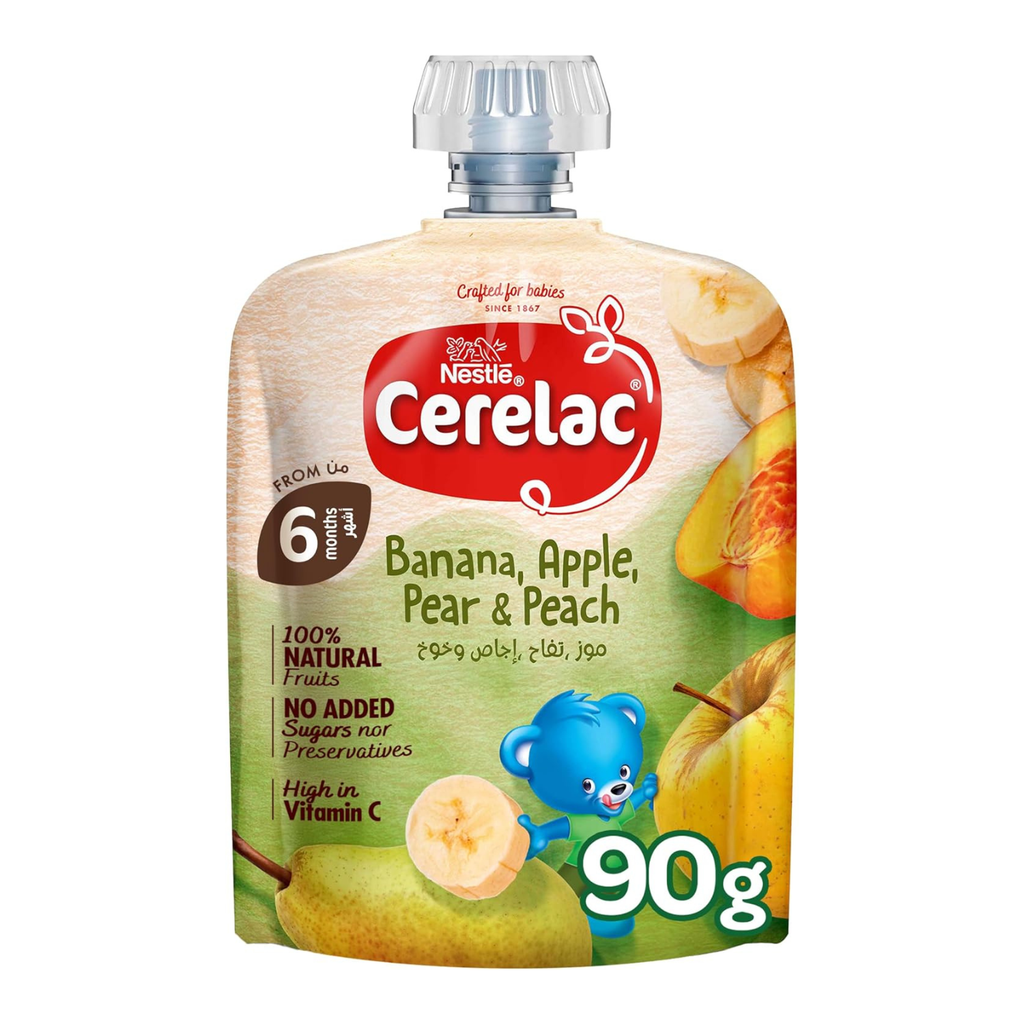 Cerelac Banana, Apple, Pear & Peach, 100% Natural Fruits, No Added Sugar, High in Vitamin C, From 6 Months, Puree Pouch 90g