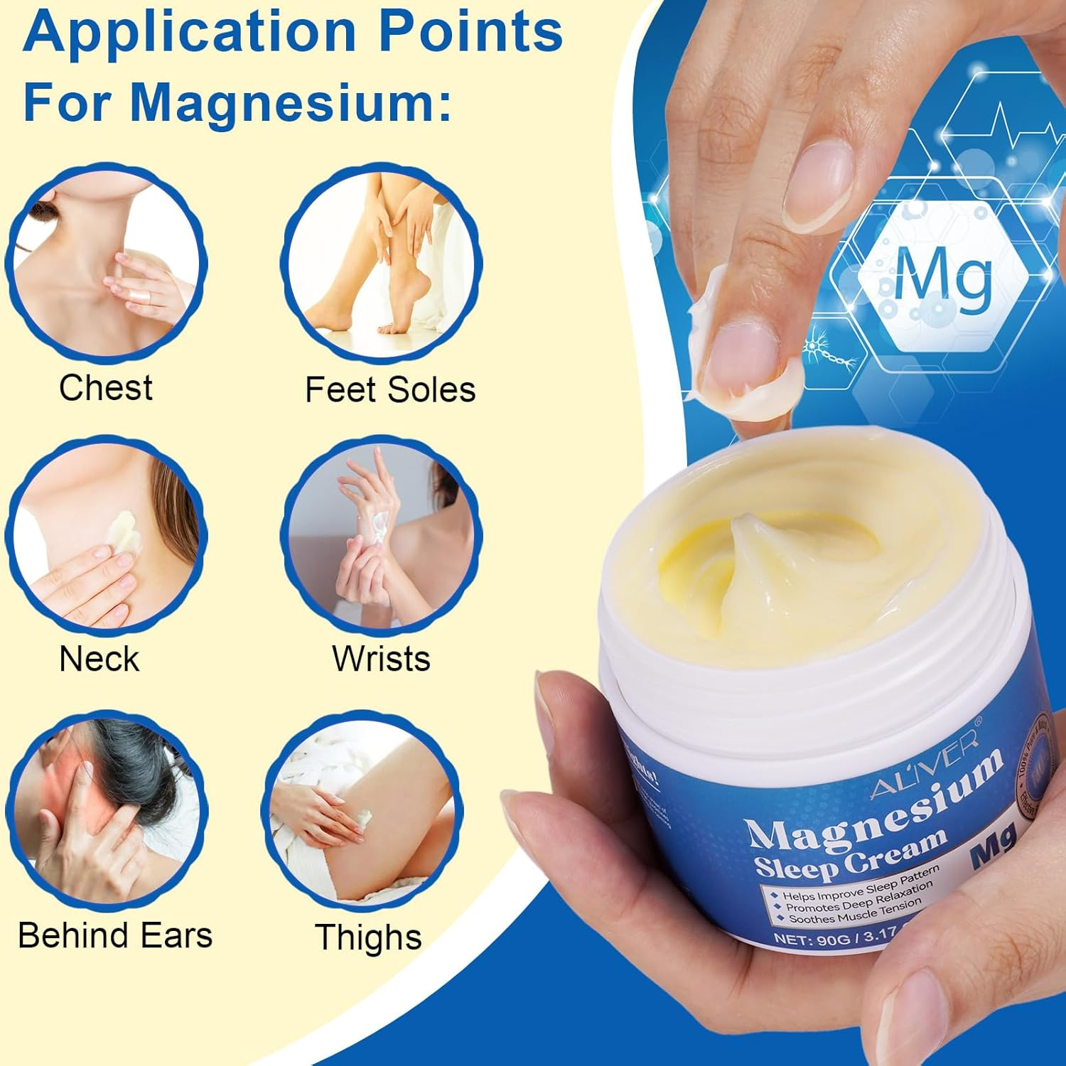 ALIVER Pure Magnesium Cream 90g, Magnesium Oil Cream for Sleep and Feet, Restless Legs,Body Relaxation,Magnesium Topical Lotion Butter Soothes Muscle Tension
