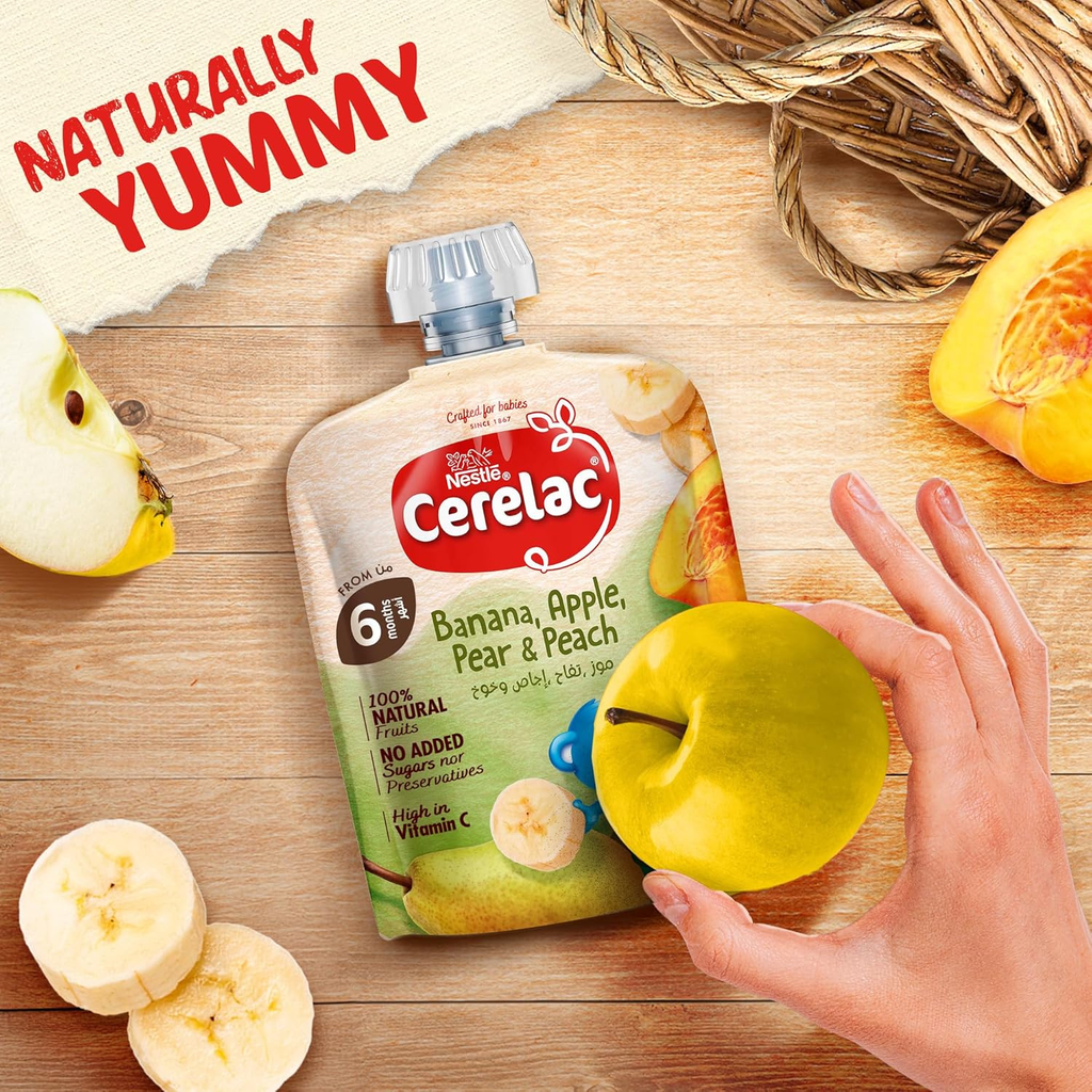 Cerelac Banana, Apple, Pear & Peach, 100% Natural Fruits, No Added Sugar, High in Vitamin C, From 6 Months, Puree Pouch 90g