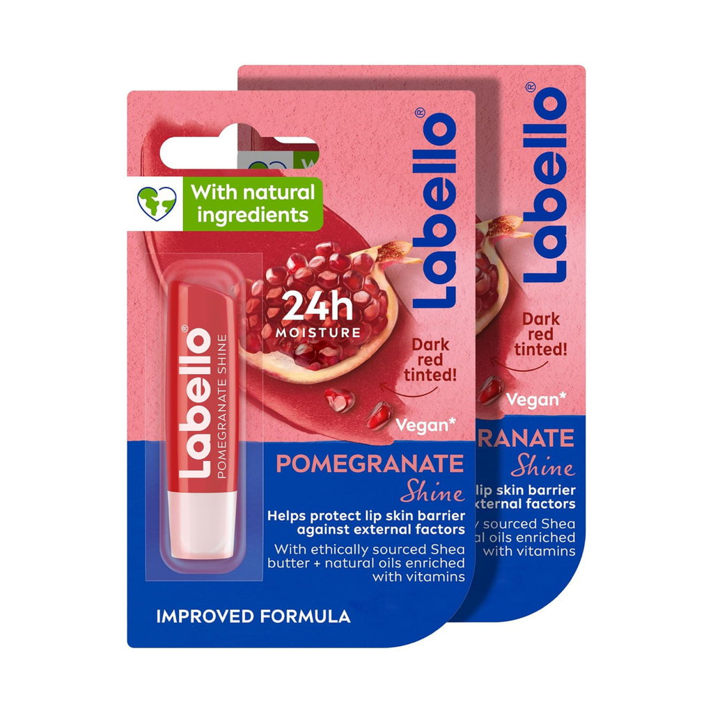 Labello Pomegranate Shine Lip Balm, 24H Melt-In Moisture, with Shea Butter and Natural Oils Enriched with Vitamins, with Natural Ingredients, Mineral Oil Free, Vegan, 4.8g, Pack of 2