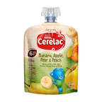 Cerelac Banana, Apple, Pear & Peach, 100% Natural Fruits, No Added Sugar, High in Vitamin C, From 6 Months, Puree Pouch 90g