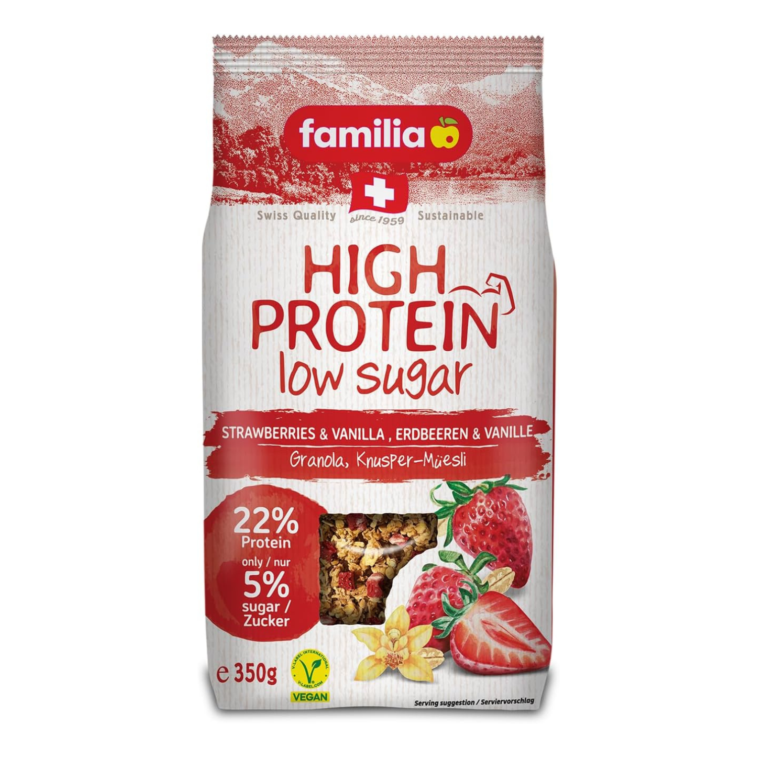 Familia High Protein Muesli, Strawberry & Vanilla, Low Sugar, Vegan - 350g