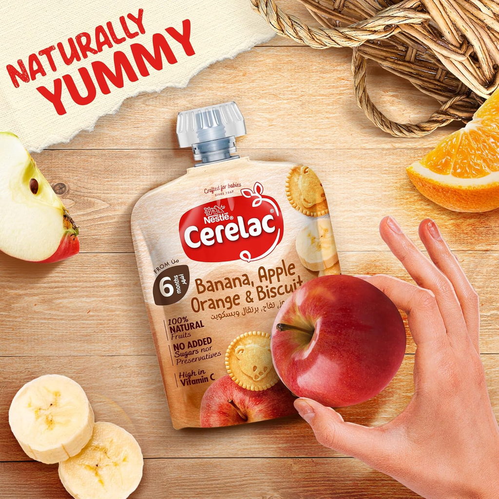 Nestle Cerelac Fruits Puree Banana, Orange & Biscuit Baby Food, From 6 Months, 90g (16 Pouches), large