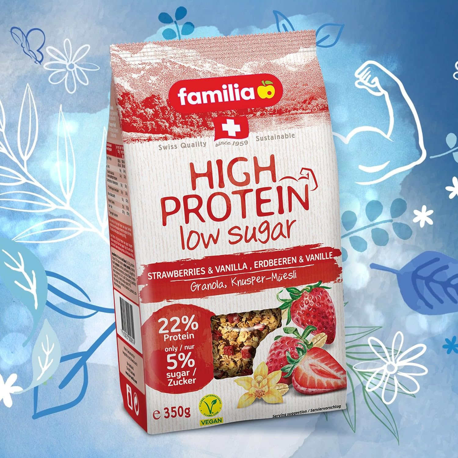Familia High Protein Muesli, Strawberry & Vanilla, Low Sugar, Vegan - 350g